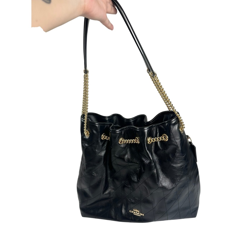 Coach Bucket Bag Women Large Black Quilted Leather Excellent CC281 Gold Chain